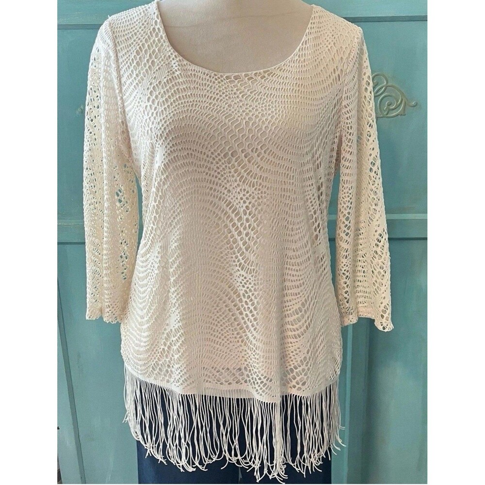 Melissa Paige Women's Crochet Lined Tunic Fringe Hem 3/4 Sleeves Petite Medium